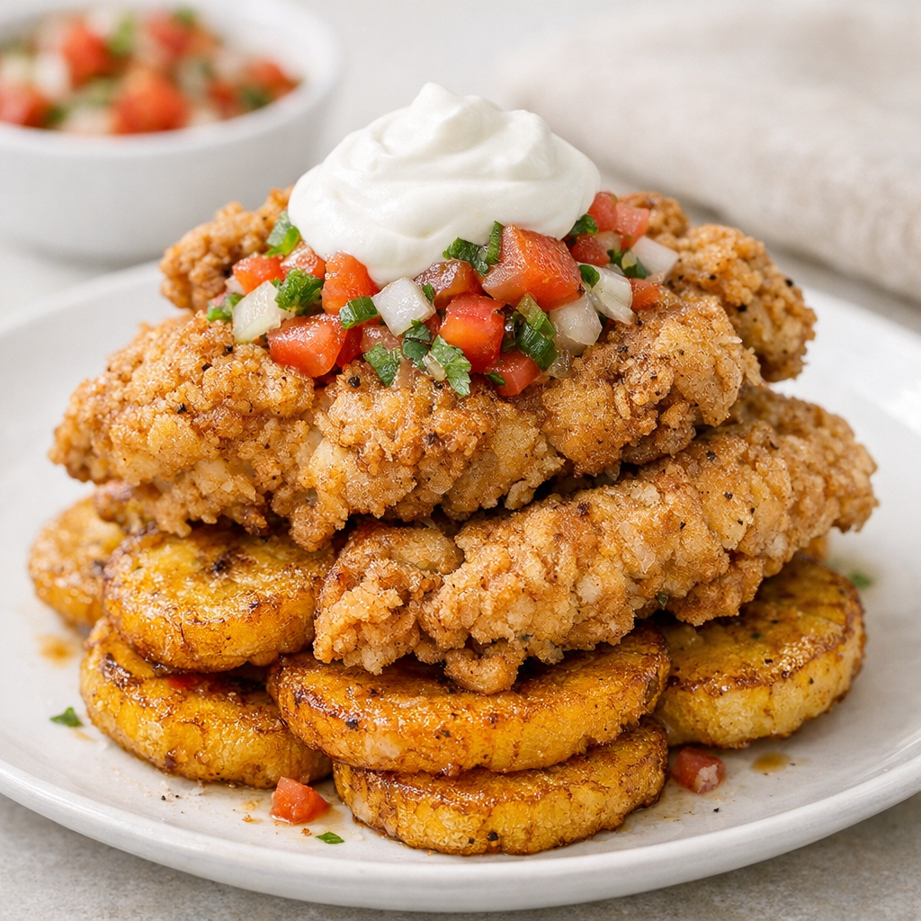 Close-up of fried plantain slices stacked under floured chicken with pico de gallo and sour cream