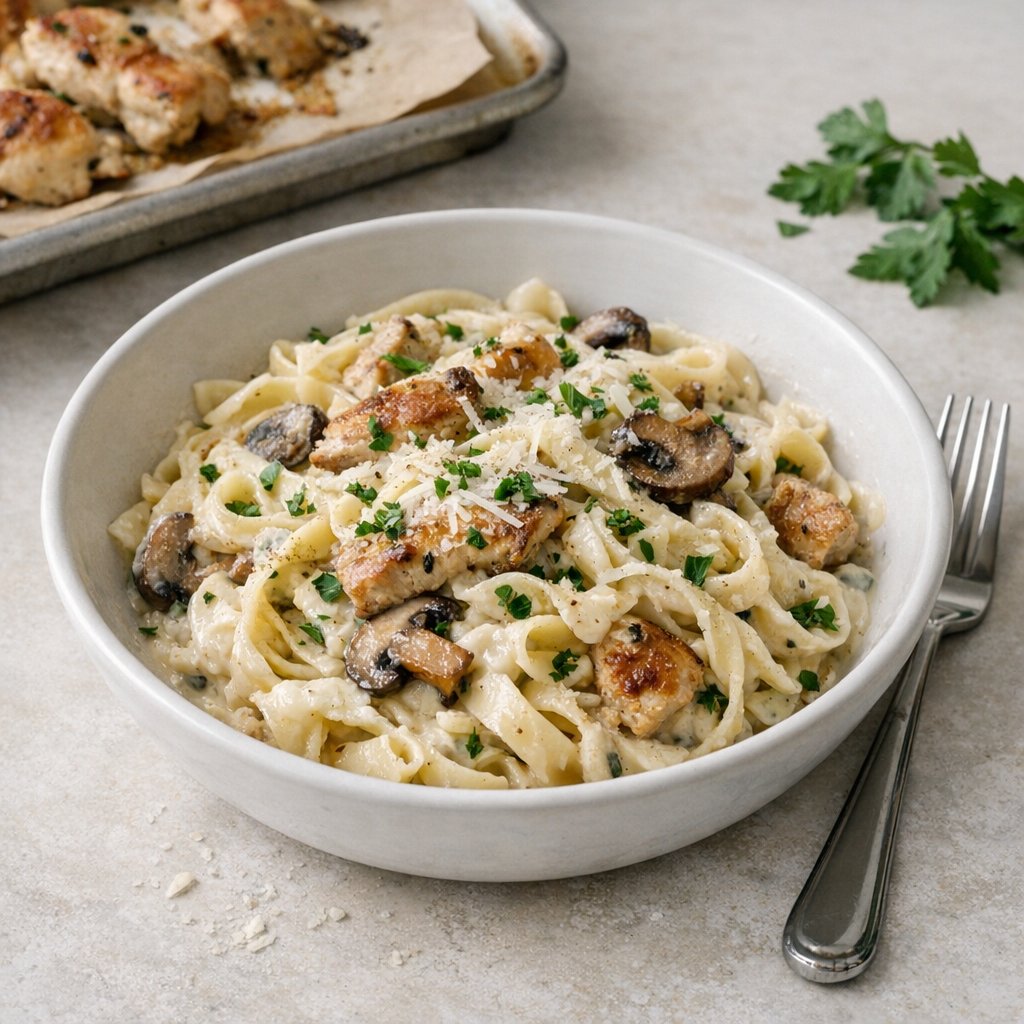 Comforting keto pasta bowl with creamy sauce, herbs, and a fork resting beside parchment paper-lined baking sheet in the background
