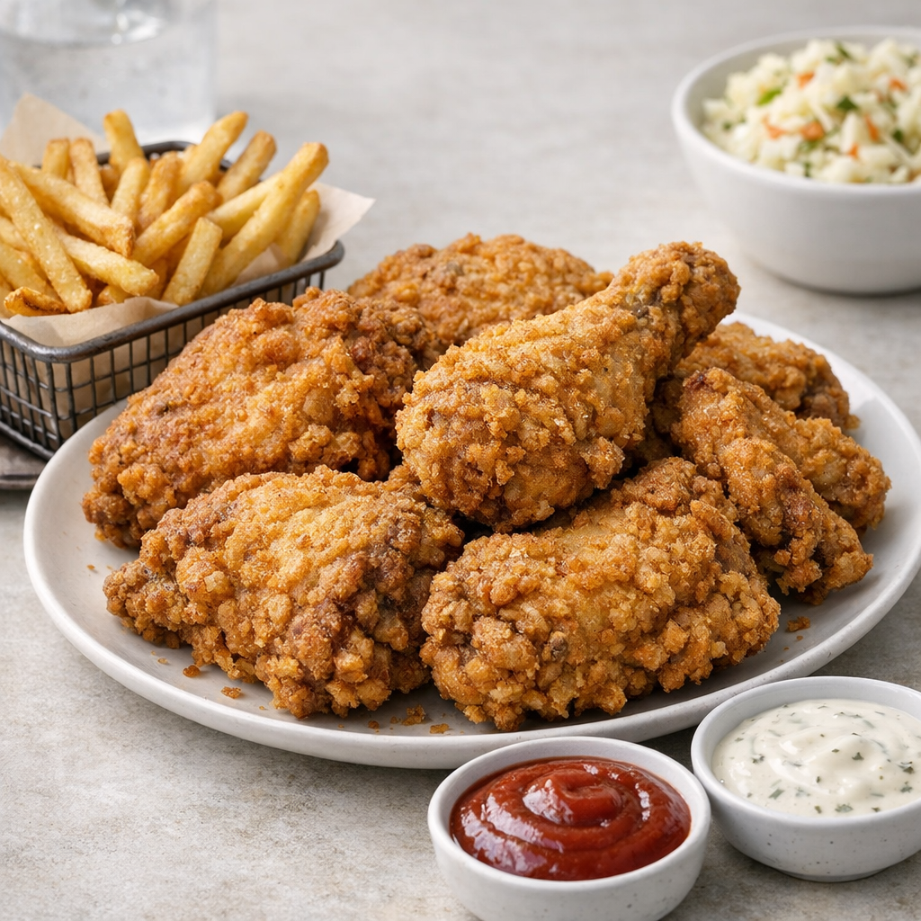Crispy air fryer fried chicken served with french fries and dipping sauce on a dinner table