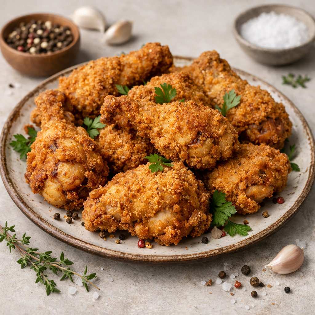 Crispy golden air fryer fried chicken on a rustic plate with pepper and herbs scattered around