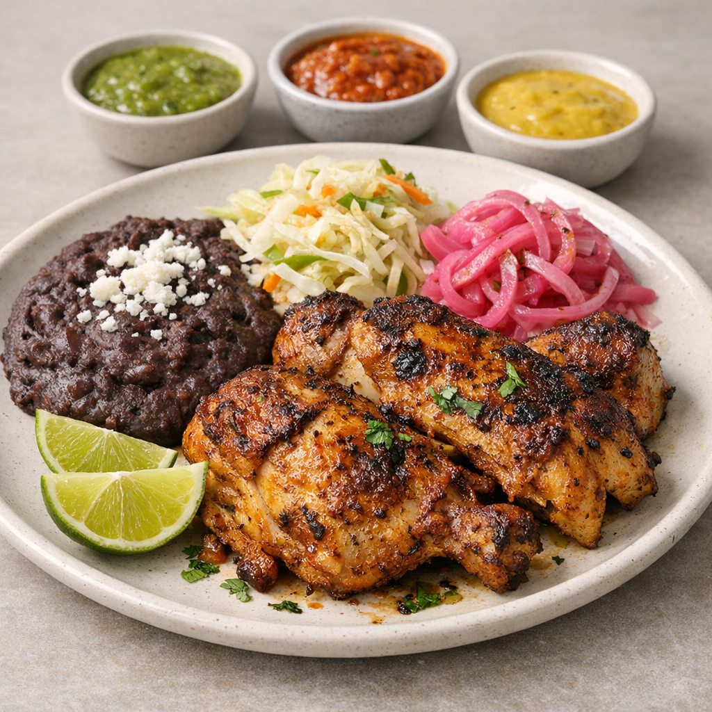Finished Honduran chicken plate with refried beans, cabbage slaw, pickled onions, lime wedges, and colorful sauces