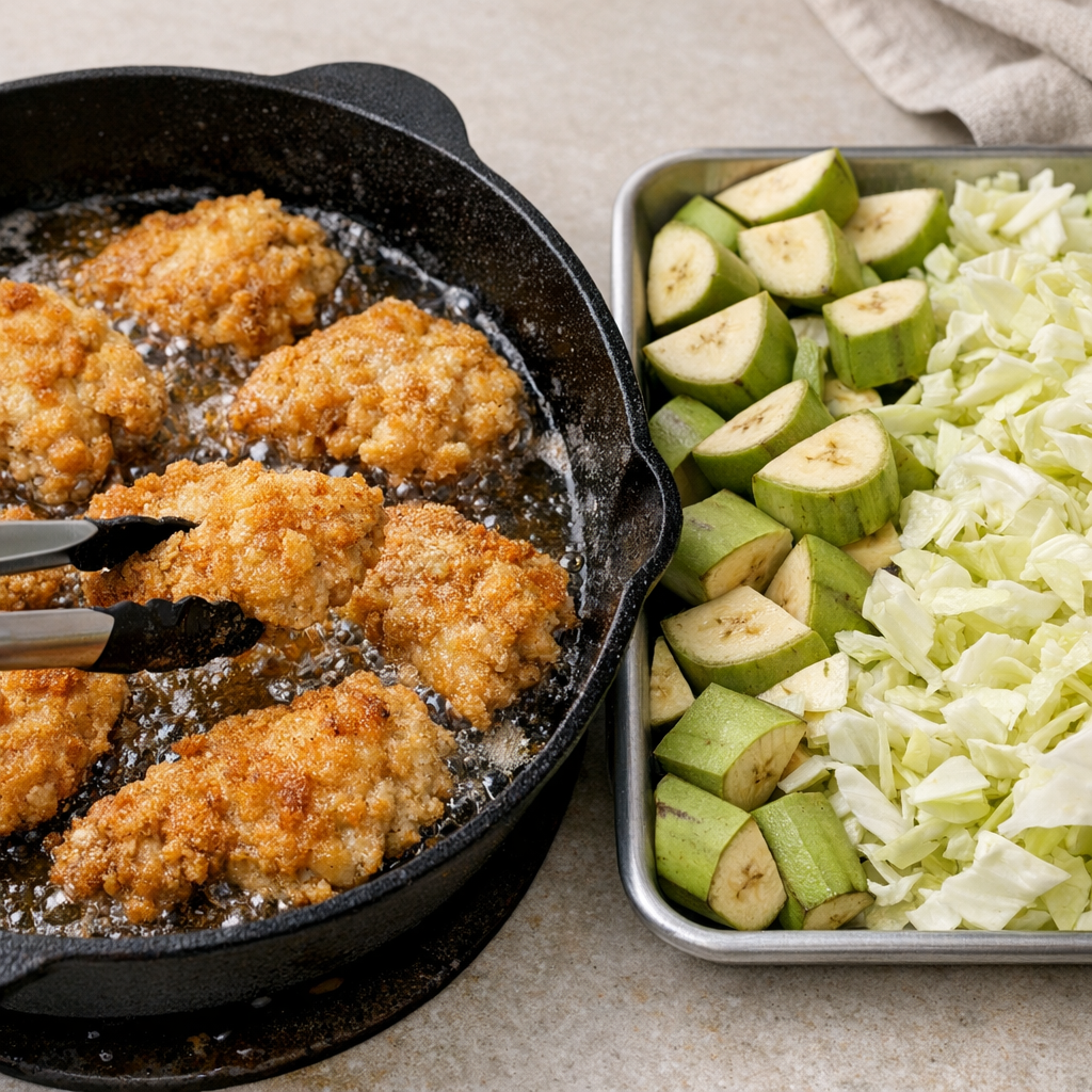 Golden floured chicken pieces frying until crispy next to a tray of sliced green bananas and chopped cabbage