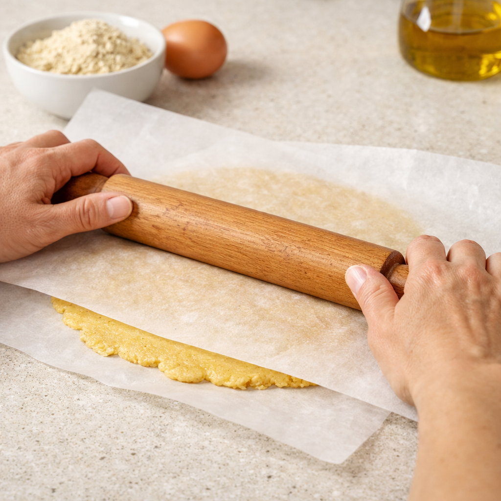 Hands rolling low carb pasta dough between parchment paper with a rolling pin on a kitchen counter