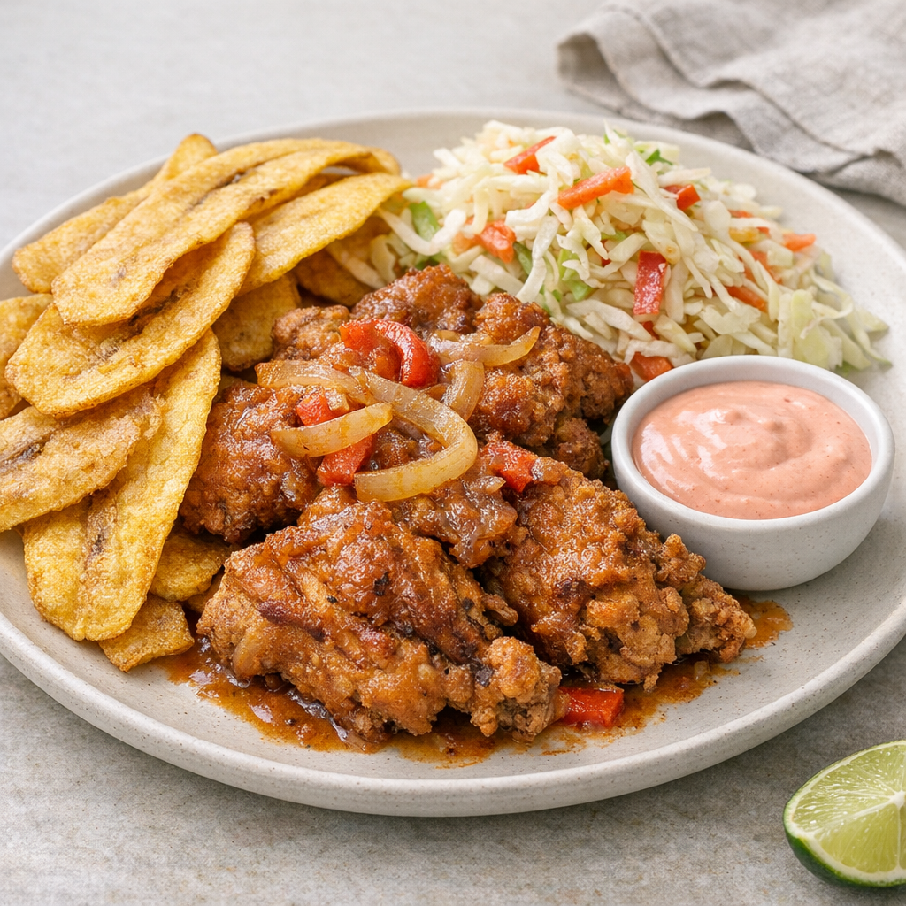 Home-style Honduran pollo con tajadas served on a large plate with cabbage slaw, pink sauce, and crispy plantain chips