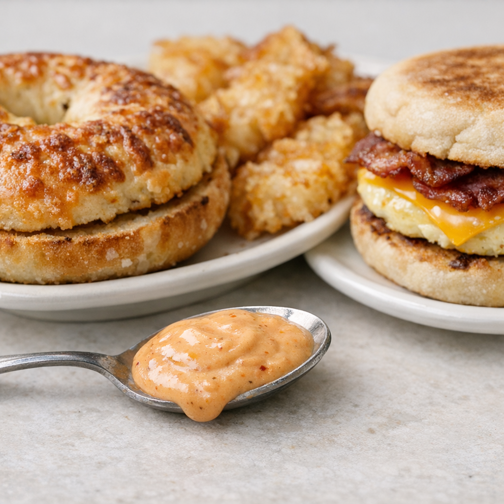 Homemade breakfast sauce in a spoon beside a toasted cheese bagel, crispy hash browns, and a breakfast sandwich on a diner table