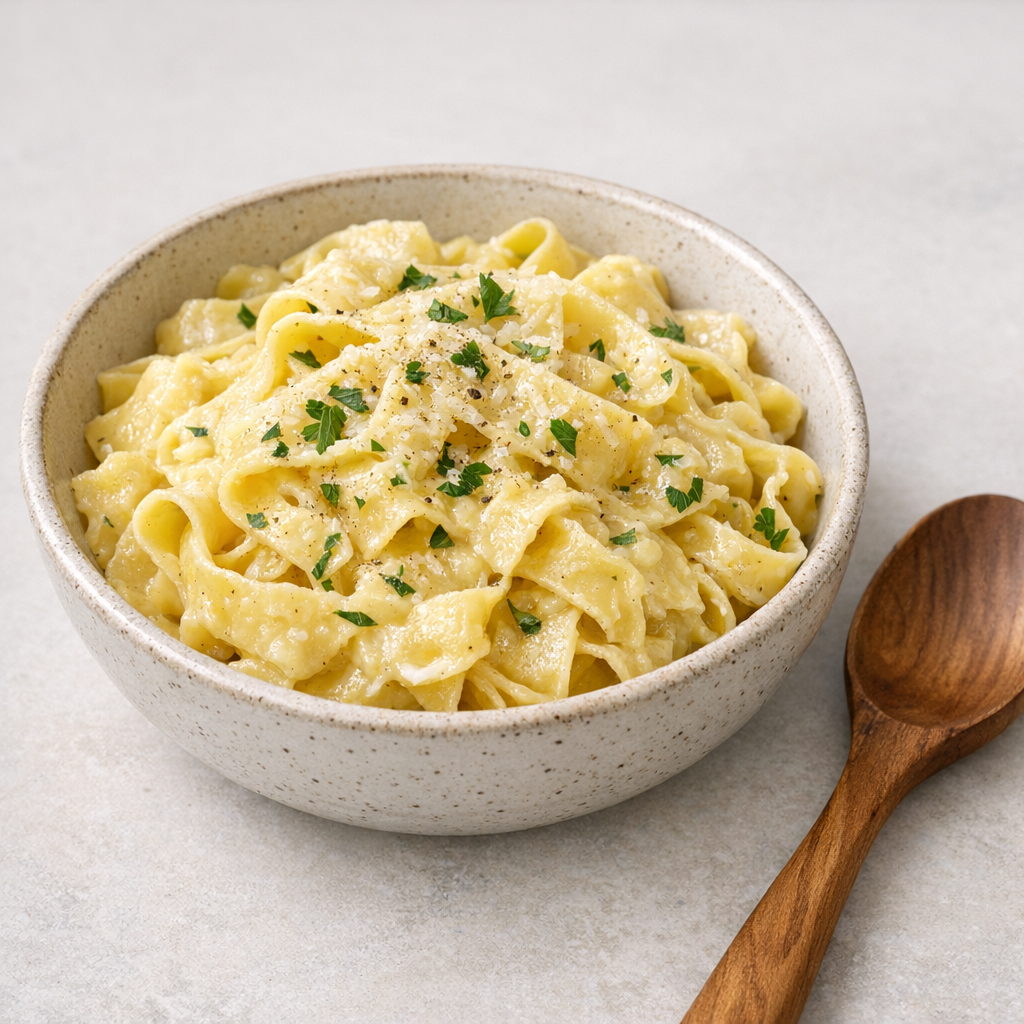 Keto pasta ribbons arranged in a bowl with melted cheese and herbs beside a wooden spoon
