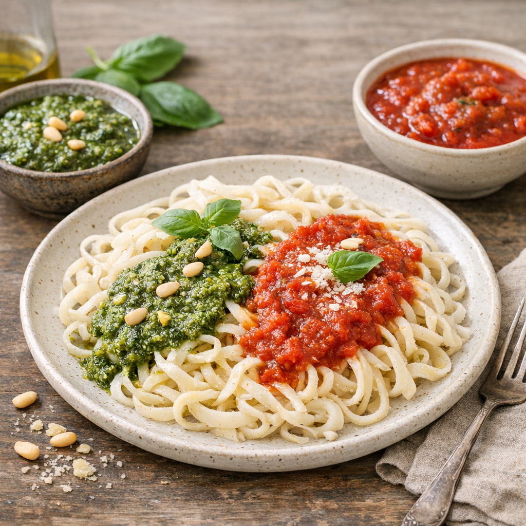 Low carb pasta noodles served with basil pesto and tomato sauce in separate bowls on a rustic table