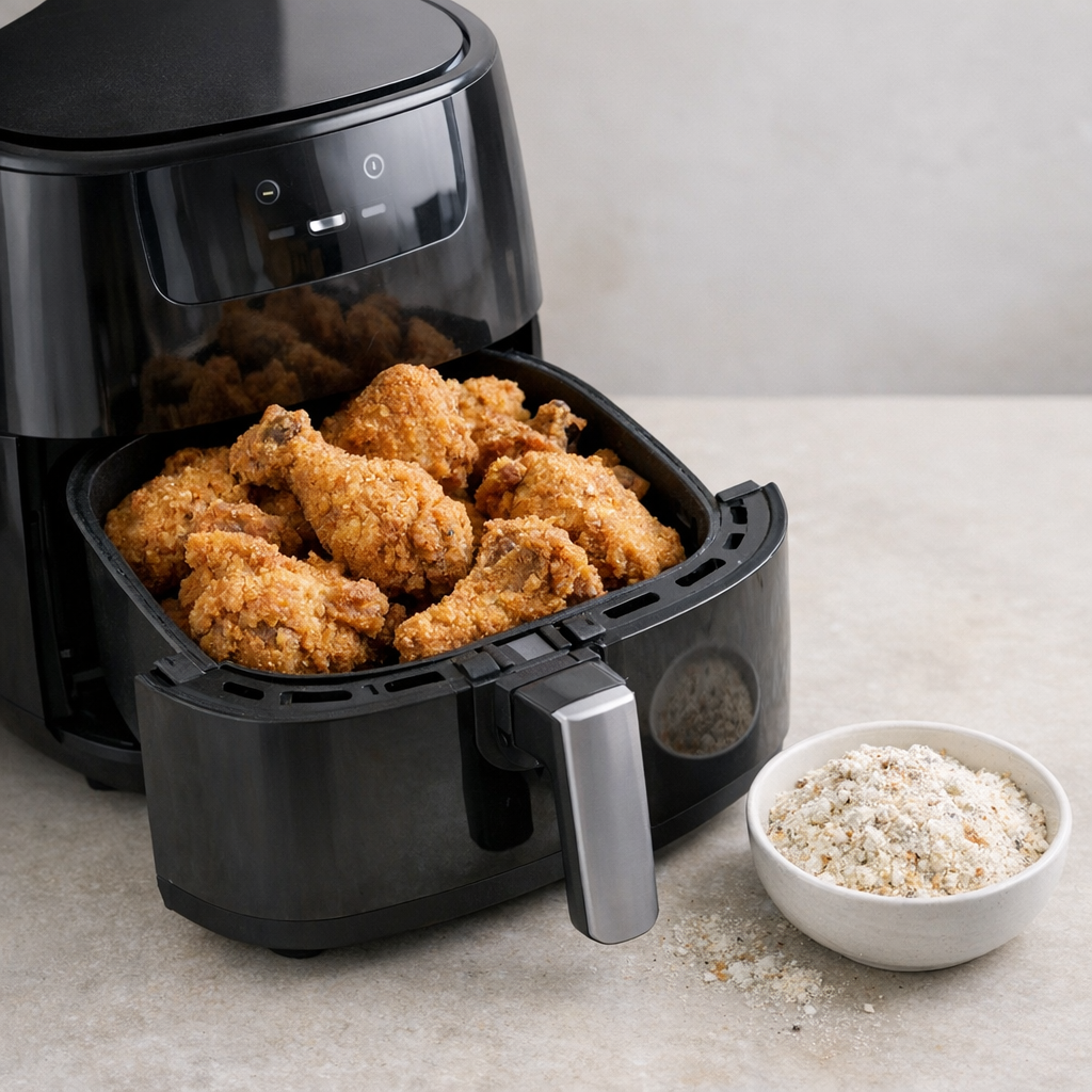 Modern air fryer with a basket of crispy chicken and a small bowl of seasoned flour on the counter