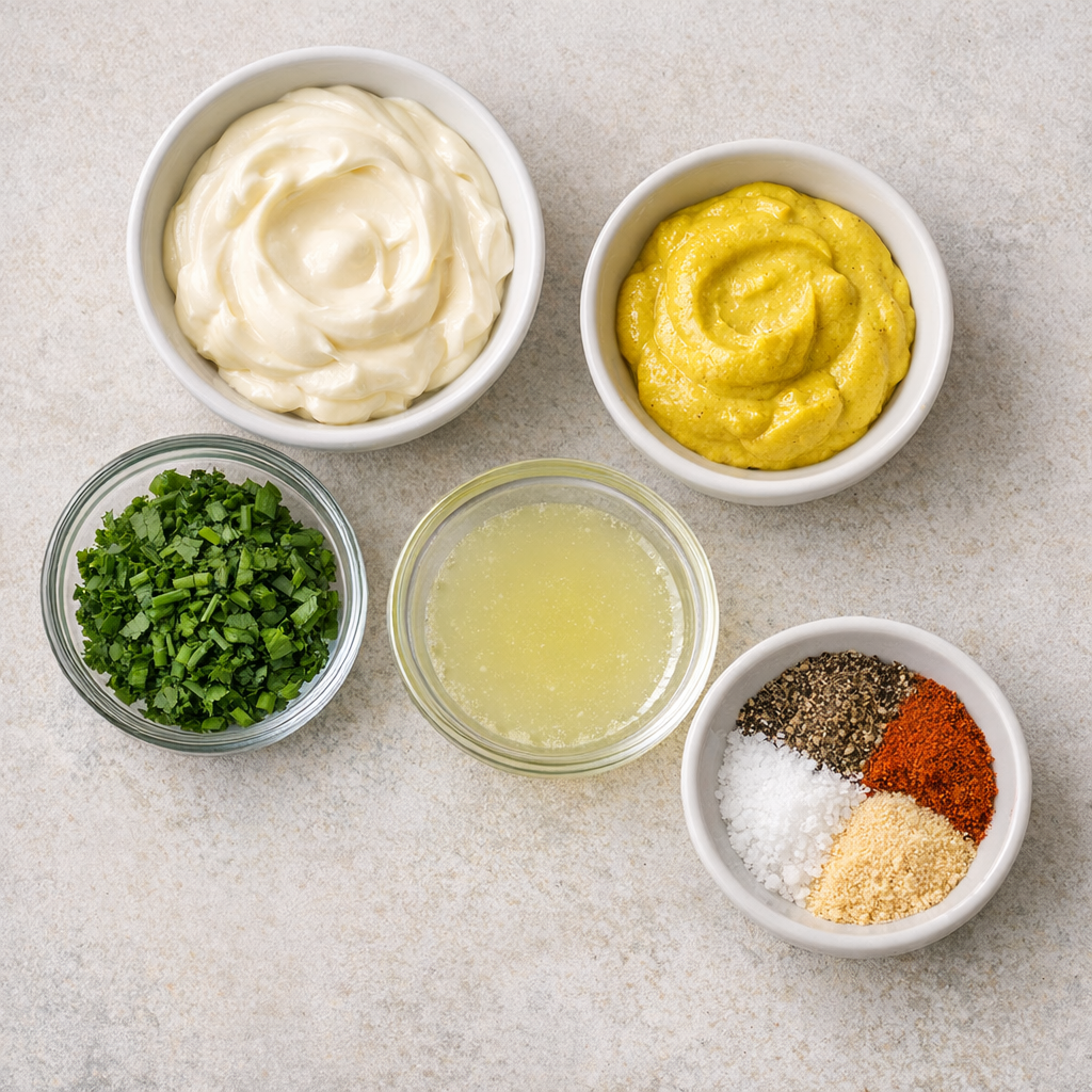 Overhead view of small bowls filled with mayonnaise, mustard, herbs, lemon juice, and spices arranged for a breakfast sauce copycat