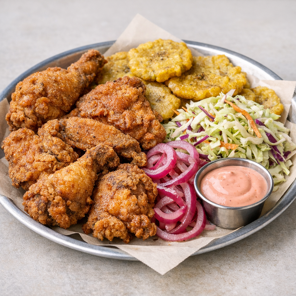 Platter of crispy fried chicken with green plantains, cabbage slaw, red onion, and pink sauce styled like Honduran street food