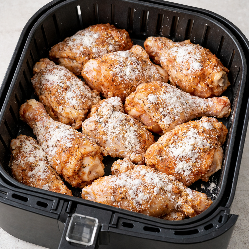 Raw seasoned chicken pieces arranged in an air fryer basket before cooking, with a light dusting of flour mixture