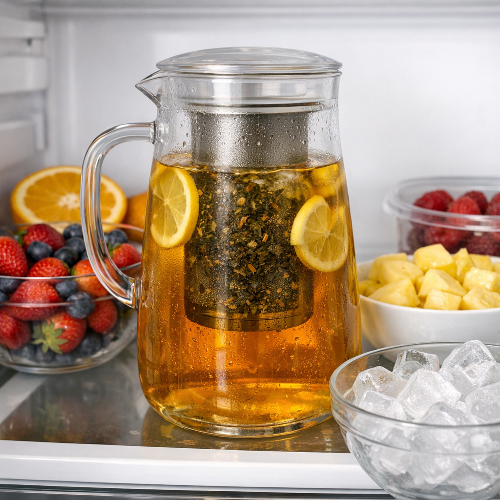 A clear pitcher of tea steeping in the refrigerator beside fresh fruit and ice cubes