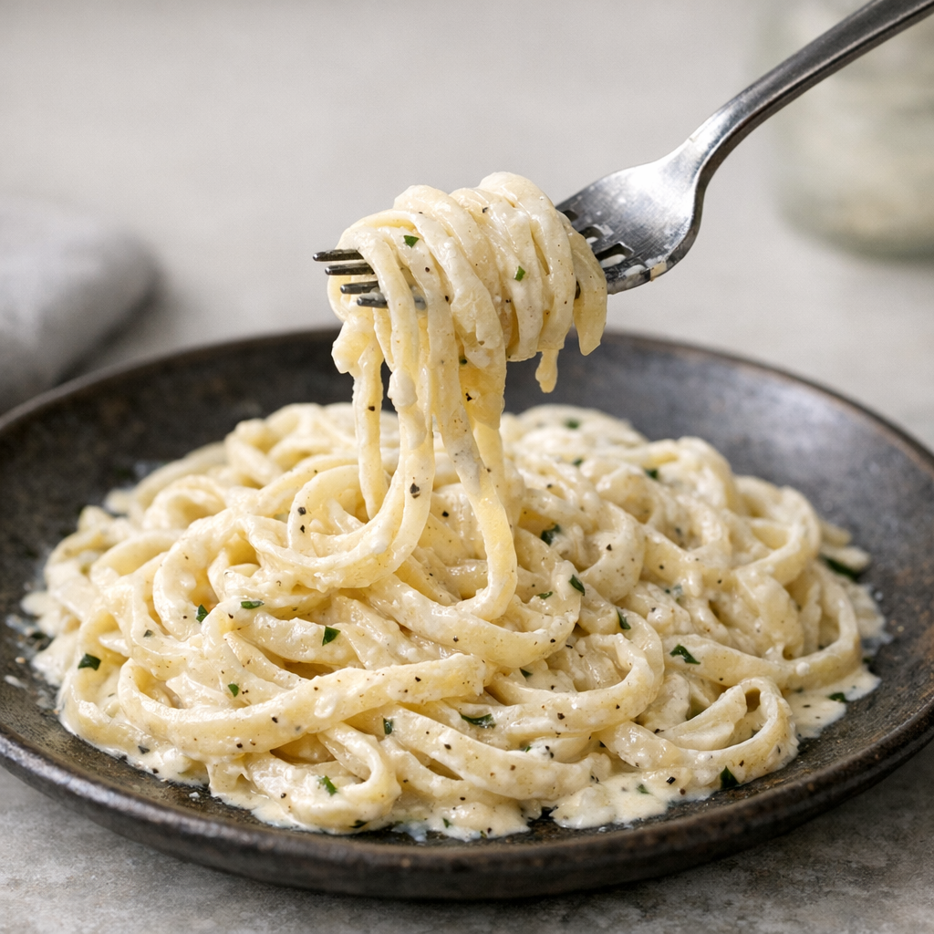 A fork twirling pale low carb keto pasta noodles coated in creamy sauce on a dark ceramic plate